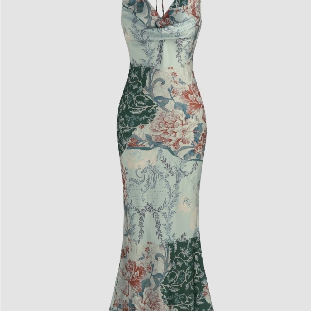 Cider Floral Satin Cowl Maxi Dress - Mint Green & Dark Green - Picture 2 of 5